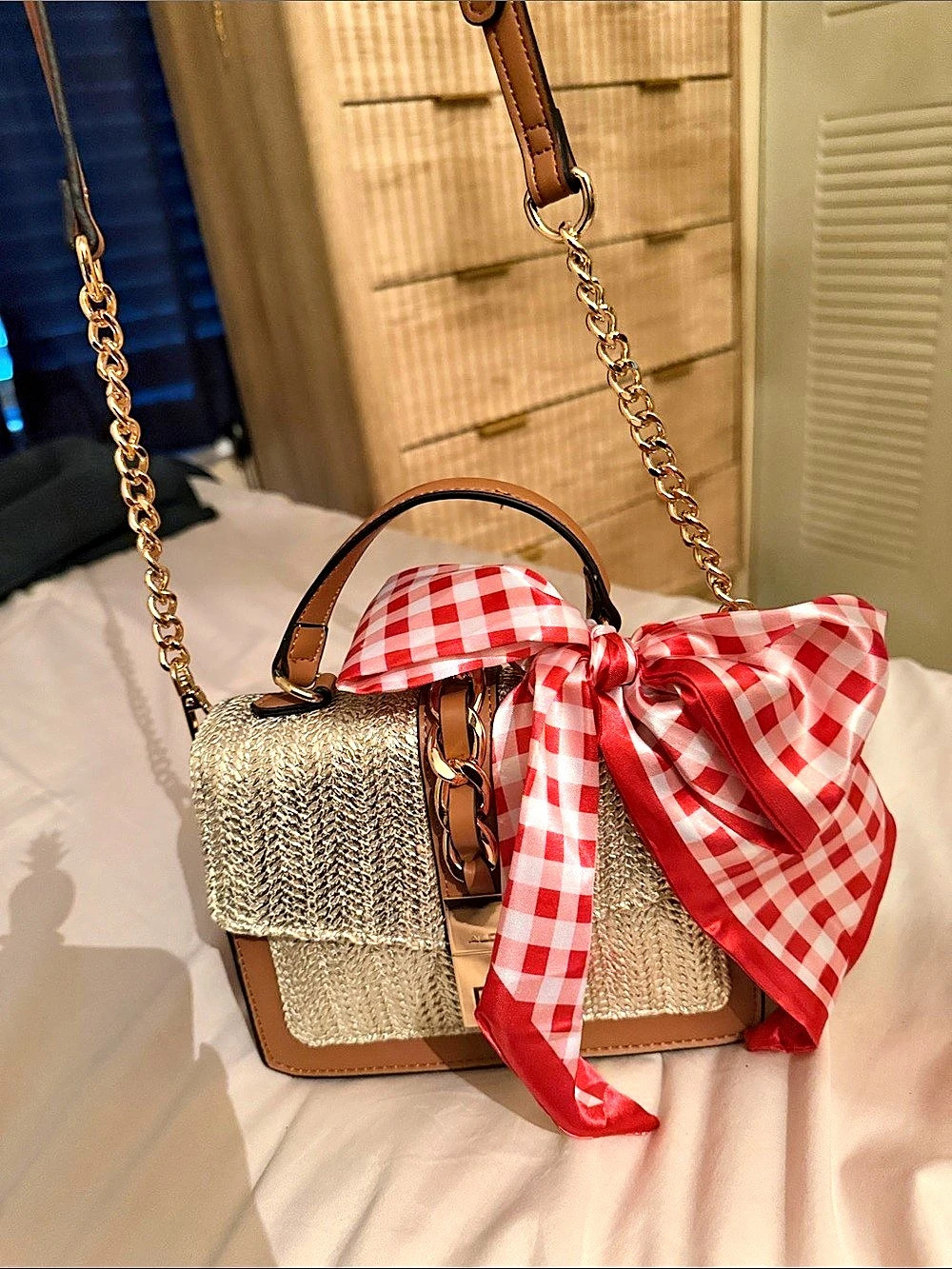 ALDO Gingham Bow Shoulder Bag in Brown & Gold Like New